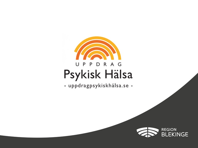 Bild på Uppdrag psykisk hälsas logotyp. Nederst syns en svart våg med Region Blekinges logotyp. 