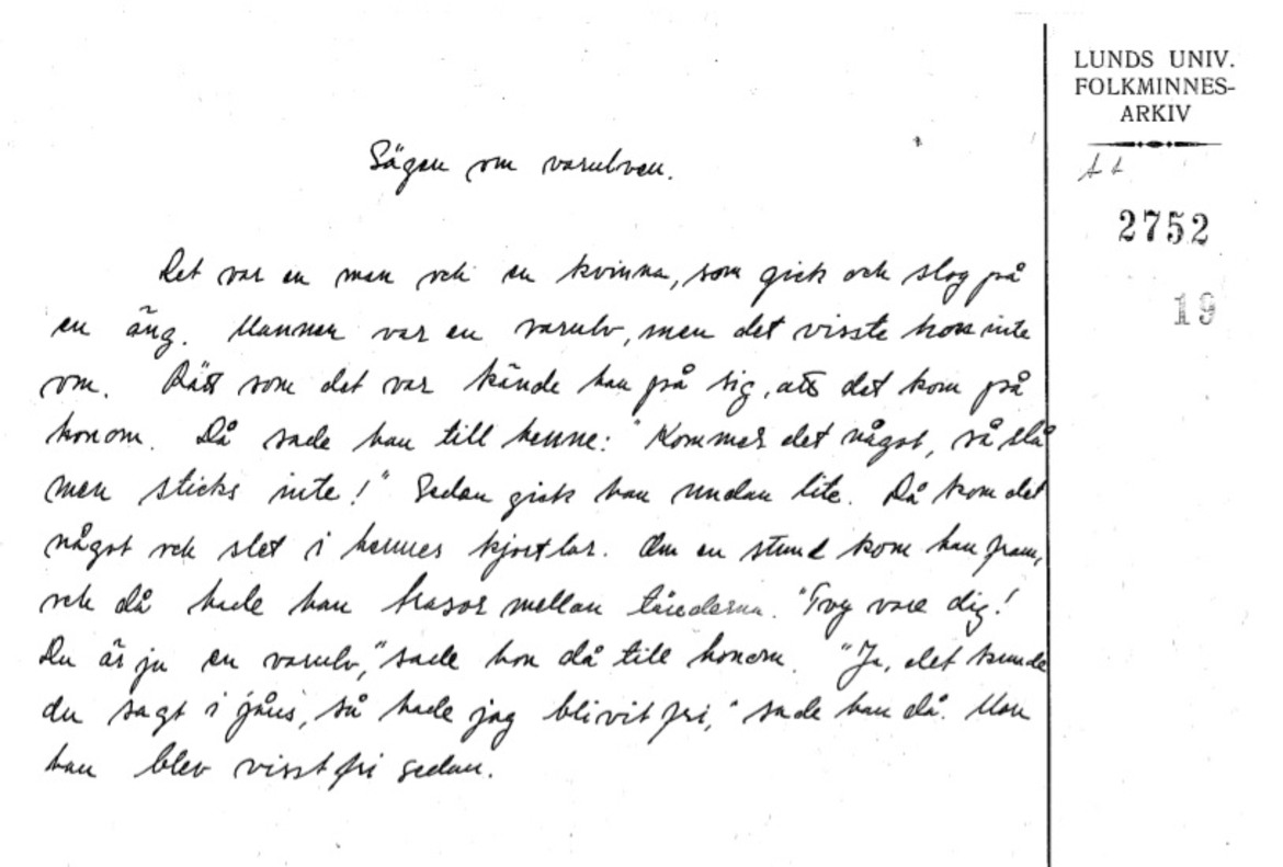 En handskriven text ur folkminnesarkivet