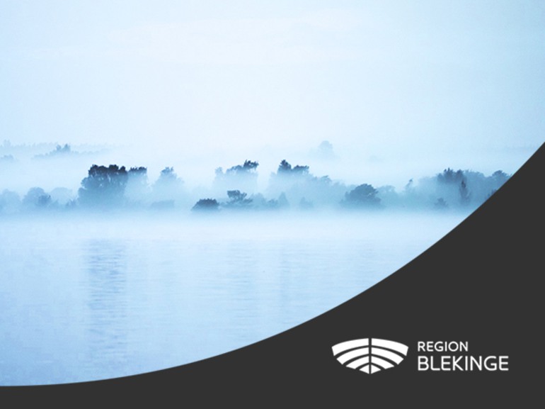Region Blekinges logotyp med bild på Blekinges skärgård i dimma