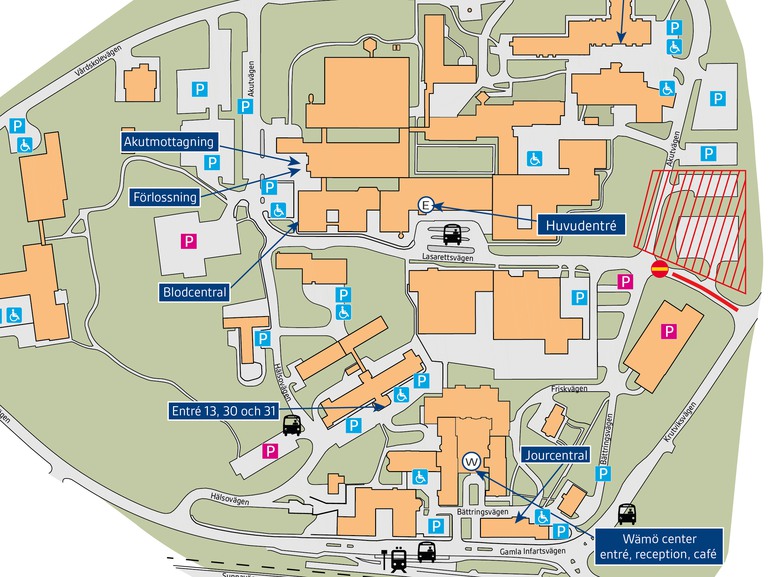 Bild på karta över sjukhusområdet.