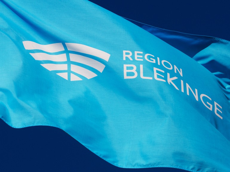 Flagga med Region Blekinges logotyp.