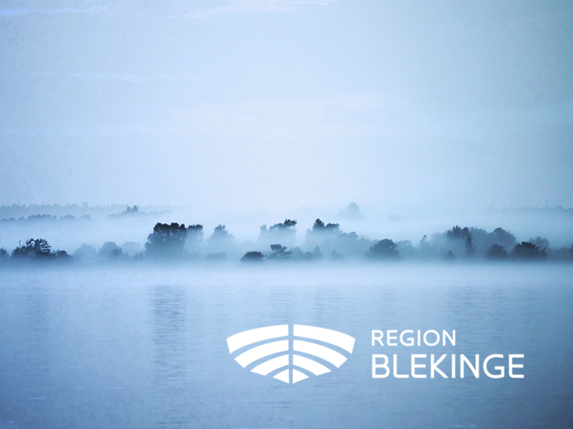 Skog i dimma med vatten och Region Blekinges logotyp i förgrunden
